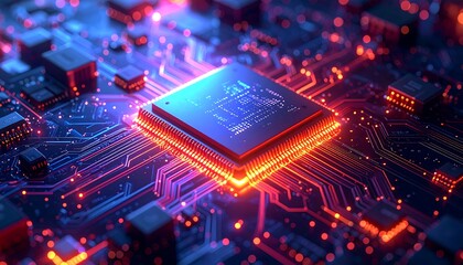 A close-up of a computer processor, glowing with vibrant orange and blue light, illustrating complex circuitry and technological advancement