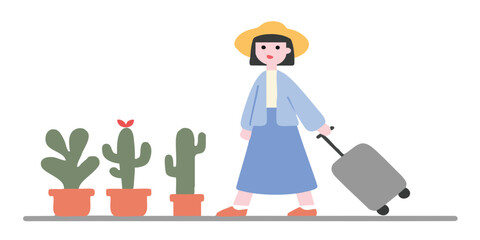 A woman begins her travel adventure, her journey marked by a series of potted cacti, with a suitcase. The animated illustration captures the essence of wanderlust and exploration.