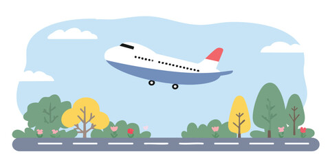 An animated airplane soaring through a bright, cheerful sky, its journey begins above a landscape of trees and lush green grass.