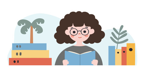 An illustration of a woman immersed in reading with books in a tranquil setting.