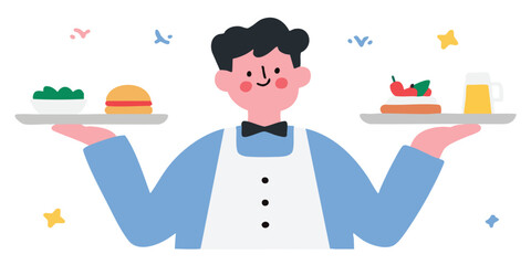 An illustration of a friendly waiter with a tray of delicious food and beer. This image is perfect for menus or food advertisements.