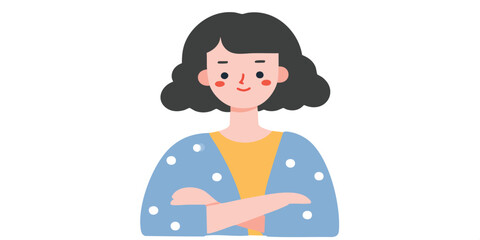 A charming illustration of a woman, exuding warmth and approachability, with her arms crossed in a pose of friendly confidence.