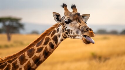 Fototapeta premium A funny close-up portrait of a giraffe sticking its tongue out playfully, captured in the savannah with a blurred natural background, ultra-detailed and vibrant