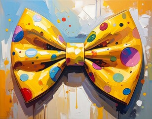 Bold yellow bowtie with colorful polka dots on abstract background