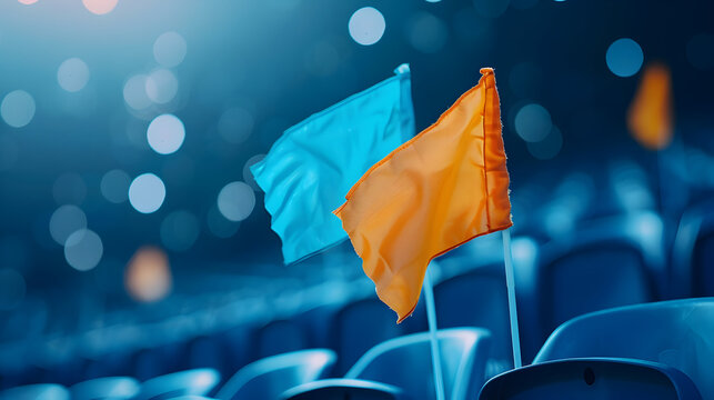 Excitement builds with vibrant flags waving at the stadium, creating a dynamic atmosphere for sports fans and event organizers alike