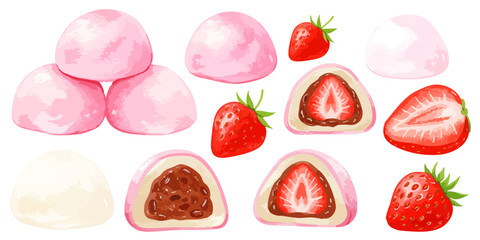 いちご大福と苺のイラストセット｜和菓子・スイーツ・春の食べ物素材