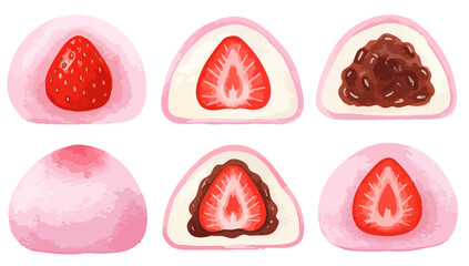 いちご大福と苺の断面のイラストセット｜和菓子・スイーツ・春の食べ物素材