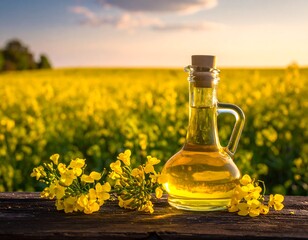 Bottle of oil amongst rapeseed flowers