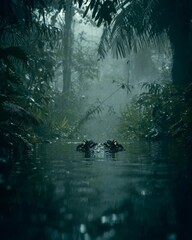 Rainforest River with Caiman Partially Submerged, Eyes Peering Above Water