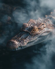Rainforest River with Caiman Partially Submerged, Eyes Peering Above Water