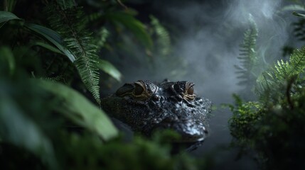 Rainforest River with Caiman Partially Submerged, Eyes Peering Above Water