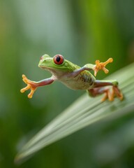 Red-Eyed Tree Frog Leaping from Leaf Captured Mid-Air in Rainforest Scene