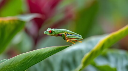Red-Eyed Tree Frog Leaping from Leaf Captured Mid-Air in Rainforest Scene