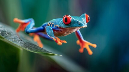 Red-Eyed Tree Frog Leaping from Leaf Captured Mid-Air in Rainforest Scene