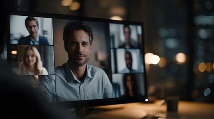 Diverse team members connect in a professional video conference meeting on a computer screen