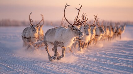 Reindeer Pulling Sled Across Snowy Tundra in Traditional Arctic Landscape