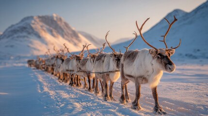 Reindeer Pulling Sled Across Snowy Tundra in Traditional Arctic Landscape