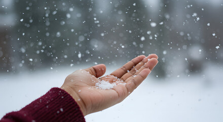 Hand reaching out to catch snowflakes in winter landscape