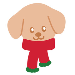 Cute Christmas illustration of puppy wearing red scarf for Christmas decoration, festive winter season, sticker, dog cartoon, character, standee, patch, card, adopt and rescue animal, pet shop, vet