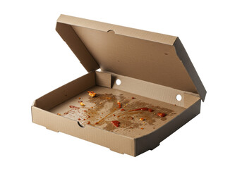 An open, empty cardboard pizza box showing prominent grease, crumbs, and tomato sauce residue on its unbleached interior, against a transparent background with copy space, Concept of post-consumption