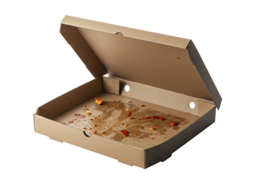 An open, empty cardboard pizza box showing prominent grease, crumbs, and tomato sauce residue on its unbleached interior, against a transparent background with copy space, Concept of post-consumption