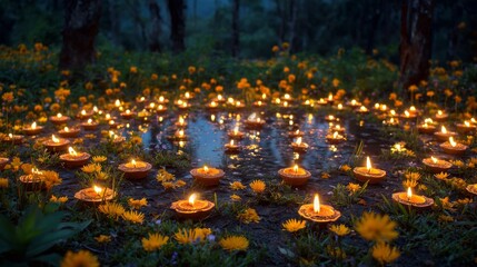 Rows of Glowing Diya Lamps Arranged in a Circle for a Festive Celebration