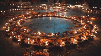 Rows of Glowing Diya Lamps Arranged in a Circle for a Festive Celebration