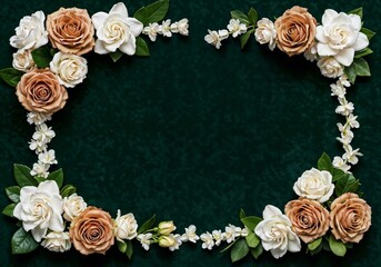 Floral frame features roses and gardenias bordering a dark green velvet background adding elegance