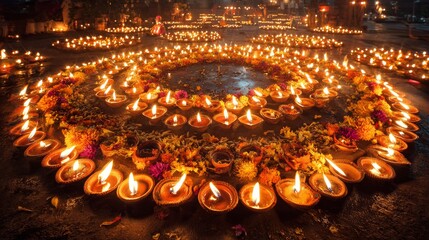 Rows of Glowing Diya Lamps Arranged in a Circle for a Festive Celebration