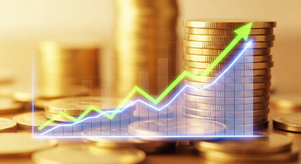 Financial Growth Chart Depicting Rising Coin Stacks with Upward Trending Arrow Symbolizing Investment Success and Economic Prosperity in a Bull Market Scenario