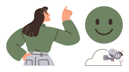 Woman gestures confidently with an upward finger, alongside a green smile face and a cloud-connected security camera. Ideal for emotions, technology, awareness, surveillance, remote monitoring