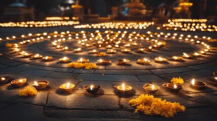 Rows of Glowing Diya Lamps Arranged in a Circle for a Festive Celebration