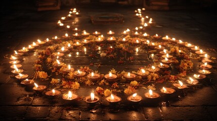 Rows of Glowing Diya Lamps Arranged in a Circle for a Festive Celebration