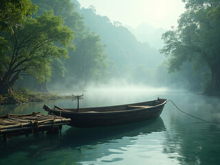 Small traditional wooden boat tied to a bamboo dock, still water reflecting surrounding jungle trees, morning mist hovering above, serene and peaceful travel vibe, stock-perfect composition.