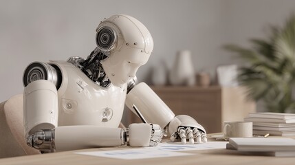 Futuristic Robot Writing Notes in Modern Workspace