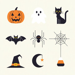 Halloween Icons Set Pumpkin Ghost Cat Bat Spider Web Hat Moon.