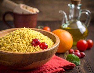 Bowl of couscous with berries and citrus