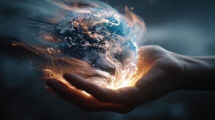 Hand holding earth ablaze with fiery elements in dark background