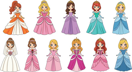 Cartoon princess characters in colorful gowns, wedding dress, tiaras, hairstyles, fairy tale fashion, kids illustration, fantasy royalty clipart set © MD Anas