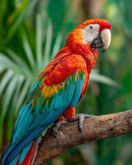 Scarlet Macaw Perched on a Rainforest Branch with Vibrant Red Feathers