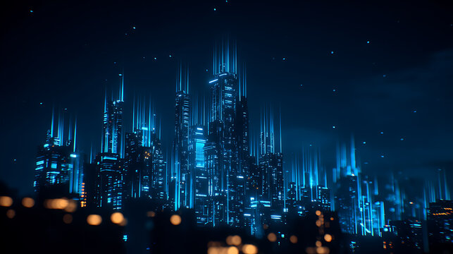 Futuristic cityscape at night with illuminated skyscrapers and glowing vertical light beams
