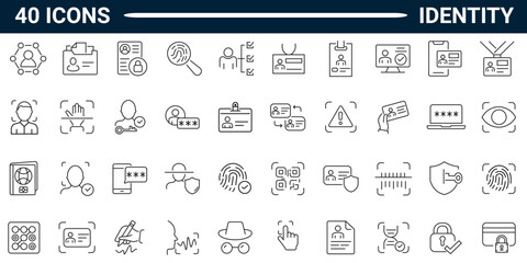 Set of 40 outline icons related to identity. Linear icon collection. Editable stroke. Vector illustration. Pictogram collection.