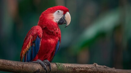 Scarlet Macaw Perched on a Rainforest Branch with Vibrant Red Feathers