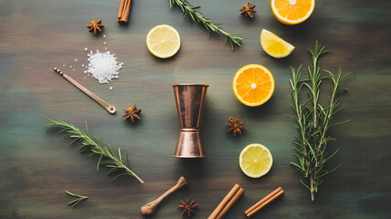 Overhead shot of cocktail ingredients including citrus rosemary and spices on a dark surface