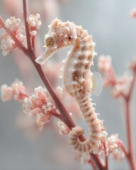 Seahorse Clinging to Coral Branch in a Vibrant Underwater Macro Scene