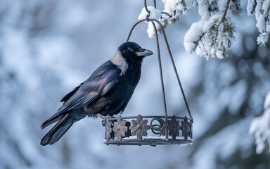 A crow perched on a metal bird feeder with snow covered branches in the blurred background winter scene