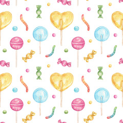Seamless pattern of watercolor lollipops, candies, and gummy snakes. Round lollipops and heart-shaped candies. Festive background of pink, yellow, and blue candies for packaging, fabrics, greetings.