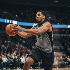 Sweaty basketball player focused on holding the ball during a game in a packed stadium