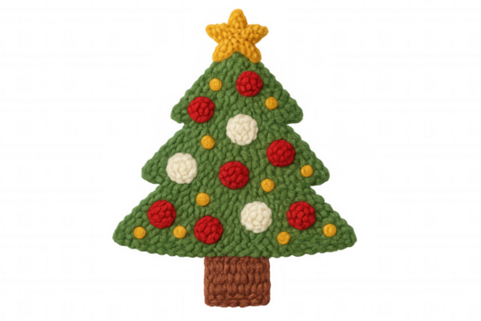 Crochet christmas tree decoration with green yarn, red and white baubles, yellow star, transparent background