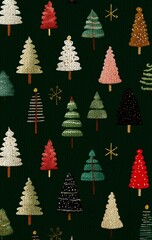 Colorful Christmas tree pattern illustration featuring various decorated trees on a dark green background, creating a festive and cheerful holiday atmosphere with vibrant textures